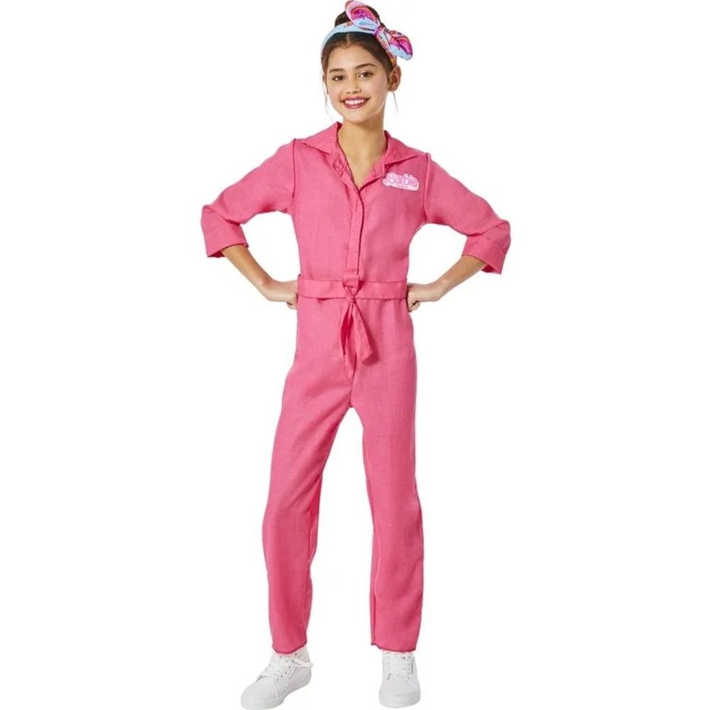 New Girls Barbie The Movie Pink Power Jumpsuit Headband Costume Set 10 12 L🎀